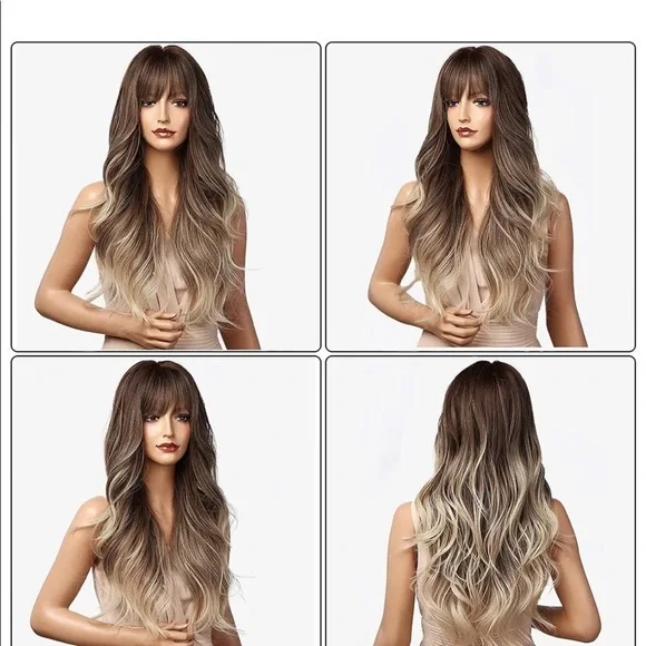 NWT Ash Blonde Wig Bangs Ombre Long Brown 26 Inch - Picture 4 of 7